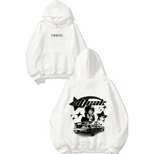 Urbvn Car Star Tasarım Baskılı Oversize Beyaz Kapüşonlu Sweatshirt