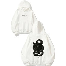 Urbvn Panter Yılan Tasarım Baskılı Oversize Beyaz Kapüşonlu Sweatshirt
