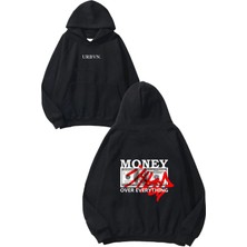 Urbvn Money Everything Tasarım Baskılı Oversize Siyah Kapüşonlu Sweatshirt