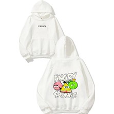 Urbvn Angry Sponge Tasarım Baskılı Oversize Beyaz Kapüşonlu Sweatshirt