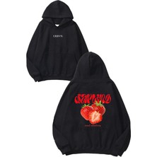 Urbvn Strawberry Tasarım Baskılı Oversize Siyah Kapüşonlu Sweatshirt