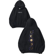 Urbvn Ayın Evreleri Tasarım Baskılı Oversize Siyah Kapüşonlu Sweatshirt