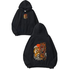 Urbvn Dragoxtiger Tasarım Baskılı Oversize Siyah Kapüşonlu Sweatshirt