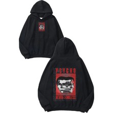 Urbvn Psycho 2 Tasarım Baskılı Oversize Siyah Kapüşonlu Sweatshirt