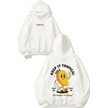 Urbvn Keep It Tropical Tasarım Baskılı Oversize Beyaz Kapüşonlu Sweatshirt