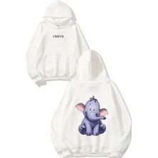 Urbvn Elephant Tasarım Baskılı Oversize Beyaz Kapüşonlu Sweatshirt