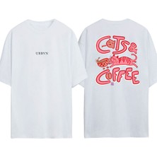 Urbvn Cats Coffee Tasarım Baskılı Beyaz Oversize T-Shirt