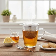 Skygo Çift Cidarlı Süzgeçli Cam Bardak 350 ml – Dayanıklı, Paslanmaz Çelik Infüzerli, Kapaklı Bitki Çayı Demleme Bardağı – Şeffaf Cam Mug – Filtreli Çay Bardağı