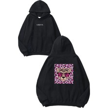 Urbvn Leopar Tasarım Baskılı Oversize Siyah Kapüşonlu Sweatshirt