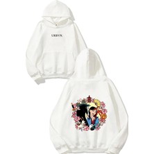 Urbvn Mulan Tasarım Baskılı Oversize Beyaz Kapüşonlu Sweatshirt