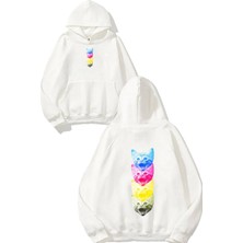 Urbvn Cat Faces Tasarım Baskılı Oversize Beyaz Kapüşonlu Sweatshirt
