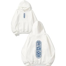 Urbvn Ethnic 3 Tasarım Baskılı Oversize Beyaz Kapüşonlu Sweatshirt