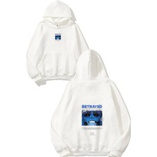 Urbvn Betrayed Tasarım Baskılı Oversize Beyaz Kapüşonlu Sweatshirt