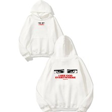 Urbvn I See God Tasarım Baskılı Oversize Beyaz Kapüşonlu Sweatshirt