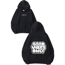 Urbvn Good Only Tasarım Baskılı Oversize Siyah Kapüşonlu Sweatshirt