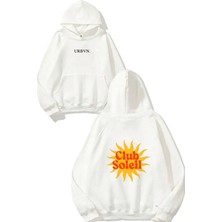 Urbvn Club Soleil Tasarım Baskılı Oversize Beyaz Kapüşonlu Sweatshirt