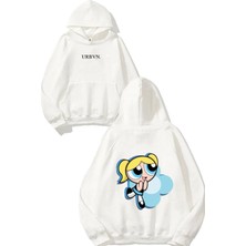 Urbvn Blue Bubblee Tasarım Baskılı Oversize Beyaz Kapüşonlu Sweatshirt