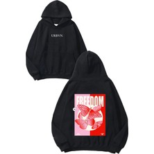 Urbvn Freedom Pink Tasarım Baskılı Oversize Siyah Kapüşonlu Sweatshirt