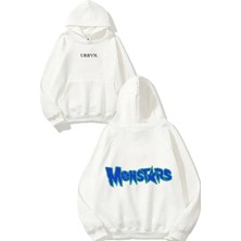 Urbvn Monstars Tasarım Baskılı Oversize Beyaz Kapüşonlu Sweatshirt