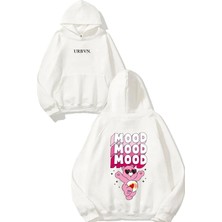 Urbvn Mood Bear Tasarım Baskılı Oversize Beyaz Kapüşonlu Sweatshirt