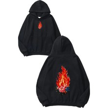 Urbvn Fire And Flower Tasarım Baskılı Oversize Siyah Kapüşonlu Sweatshirt