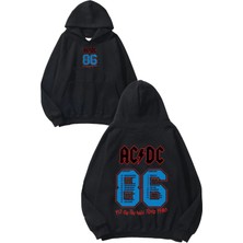 Urbvn Acdc 86 Tasarım Baskılı Oversize Siyah Kapüşonlu Sweatshirt