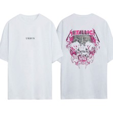 Urbvn Metallica Pink Tasarım Baskılı Beyaz Oversize T-Shirt