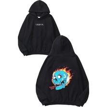 Urbvn Flame On Tasarım Baskılı Oversize Siyah Kapüşonlu Sweatshirt