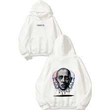 Urbvn Three Mans Tasarım Baskılı Oversize Beyaz Kapüşonlu Sweatshirt