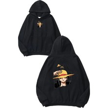 Urbvn Anime Loffy Tasarım Baskılı Oversize Siyah Kapüşonlu Sweatshirt