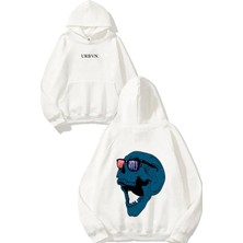 Urbvn Rock And Roll Kurukafa Tasarım Baskılı Oversize Beyaz Kapüşonlu Sweatshirt