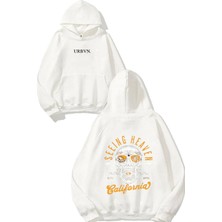 Urbvn California Heaven Tasarım Baskılı Oversize Beyaz Kapüşonlu Sweatshirt