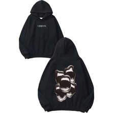 Urbvn Mouth Tasarım Baskılı Oversize Siyah Kapüşonlu Sweatshirt