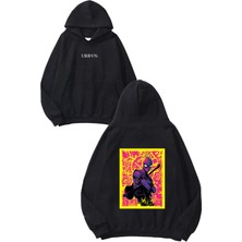 Urbvn Spider Man Purple Tasarım Baskılı Oversize Siyah Kapüşonlu Sweatshirt