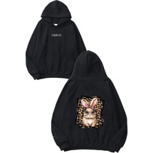 Urbvn Leopar Tavşan Tasarım Baskılı Oversize Siyah Kapüşonlu Sweatshirt