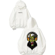 Urbvn Rapper Monster Tasarım Baskılı Oversize Beyaz Kapüşonlu Sweatshirt