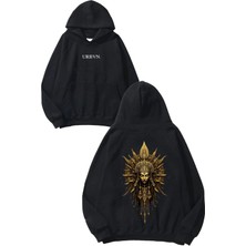 Urbvn Gold Women Tasarım Baskılı Oversize Siyah Kapüşonlu Sweatshirt