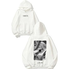 Urbvn Celeste Tasarım Baskılı Oversize Beyaz Kapüşonlu Sweatshirt