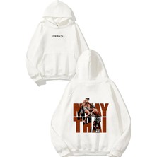 Urbvn Muay Thai Fight Tasarım Baskılı Oversize Beyaz Kapüşonlu Sweatshirt