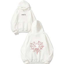 Urbvn Love Spider Tasarım Baskılı Oversize Beyaz Kapüşonlu Sweatshirt