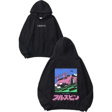 Urbvn Full Spin Tasarım Baskılı Oversize Siyah Kapüşonlu Sweatshirt