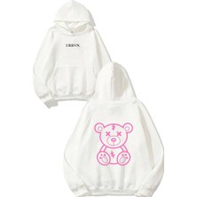 Urbvn Ayıcık Pembe Tasarım Baskılı Oversize Beyaz Kapüşonlu Sweatshirt