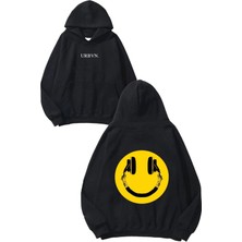 Urbvn Dj Smile Tasarım Baskılı Oversize Siyah Kapüşonlu Sweatshirt