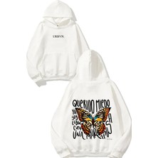 Urbvn Mariposa Tasarım Baskılı Oversize Beyaz Kapüşonlu Sweatshirt