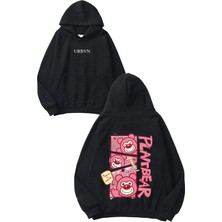 Urbvn Bear Pink Tasarım Baskılı Oversize Siyah Kapüşonlu Sweatshirt