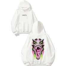 Urbvn Lightning Dinosour Tasarım Baskılı Oversize Beyaz Kapüşonlu Sweatshirt