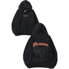 Urbvn Pleasure Tasarım Baskılı Oversize Siyah Kapüşonlu Sweatshirt