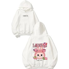 Urbvn Labubu Pink Tasarım Baskılı Oversize Beyaz Kapüşonlu Sweatshirt
