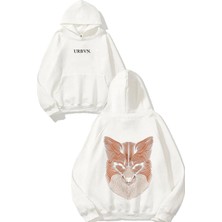 Urbvn Tilki Tasarım Baskılı Oversize Beyaz Kapüşonlu Sweatshirt