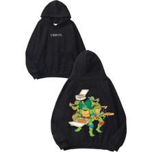 Urbvn Pizza Turtles Tasarım Baskılı Oversize Siyah Kapüşonlu Sweatshirt